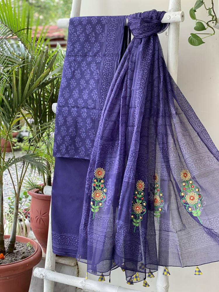 Image of INK BLUE HAND BLOCK PRINT KOTA  EMBROIDERED DUPATTA SET