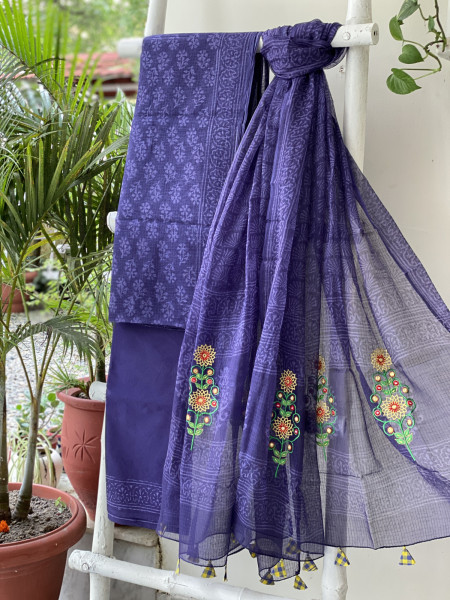 INK BLUE HAND BLOCK PRINT KOTA  EMBROIDERED DUPATTA SET