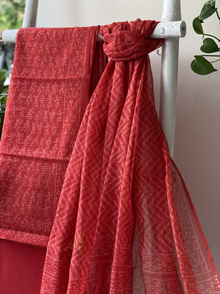 RED HAND BLOCK PRINT KOTA  EMBROIDERED DUPATTA SET