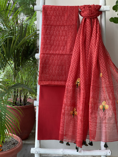 RED HAND BLOCK PRINT KOTA  EMBROIDERED DUPATTA SET