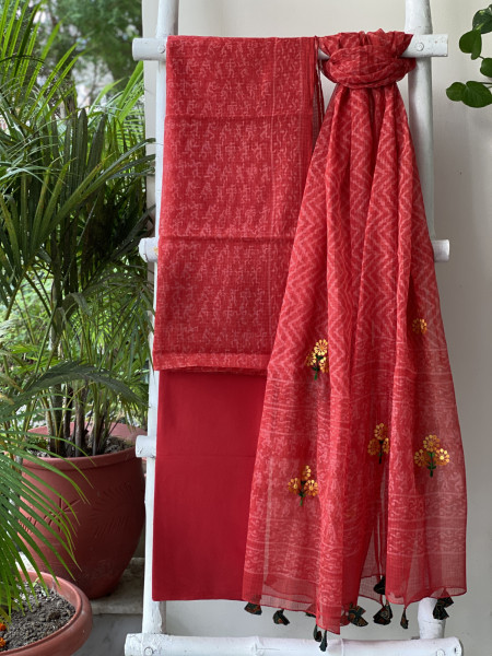RED HAND BLOCK PRINT KOTA  EMBROIDERED DUPATTA SET