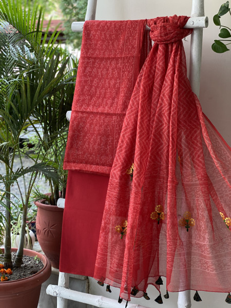 RED HAND BLOCK PRINT KOTA  EMBROIDERED DUPATTA SET