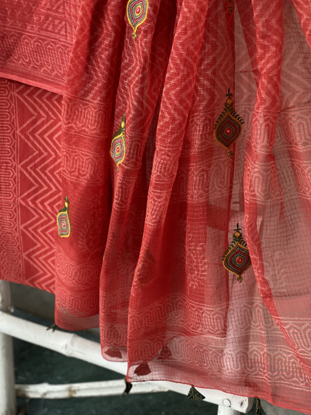RED HAND BLOCK PRINT KOTA  EMBROIDERED DUPATTA SET
