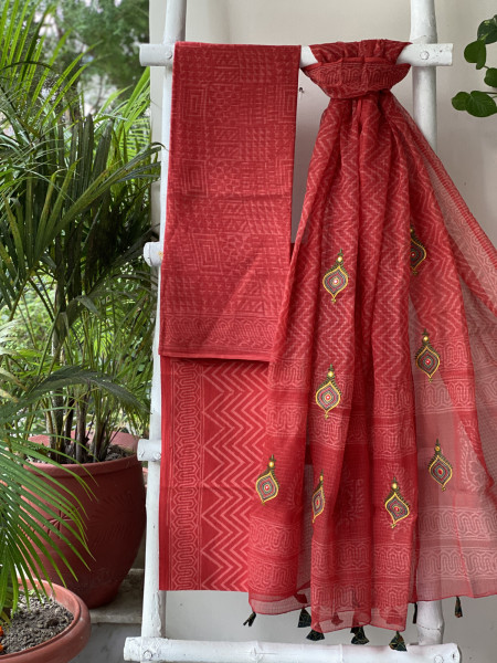 RED HAND BLOCK PRINT KOTA  EMBROIDERED DUPATTA SET