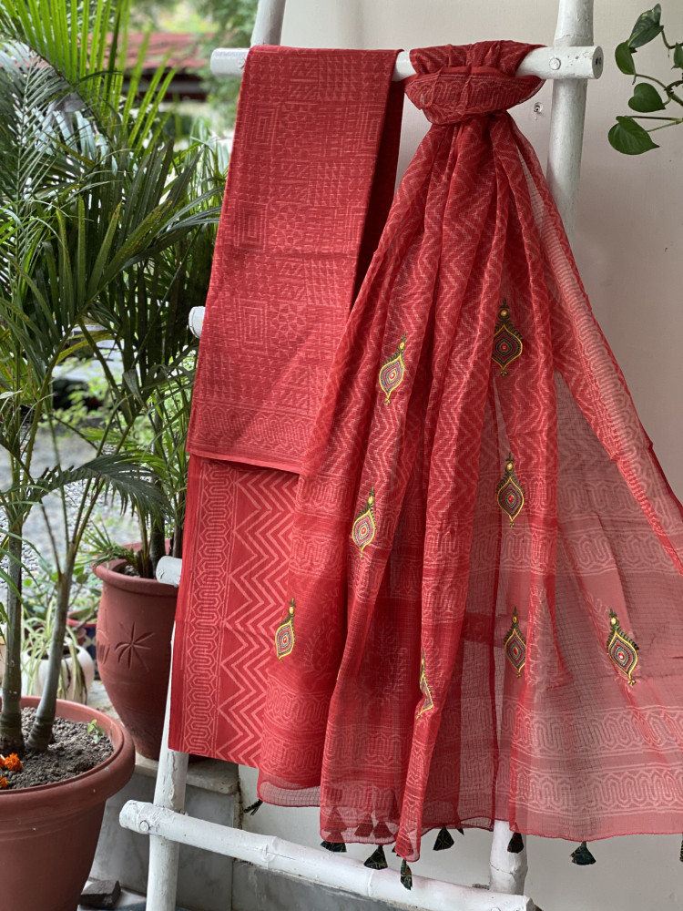 Image of RED HAND BLOCK PRINT KOTA  EMBROIDERED DUPATTA SET