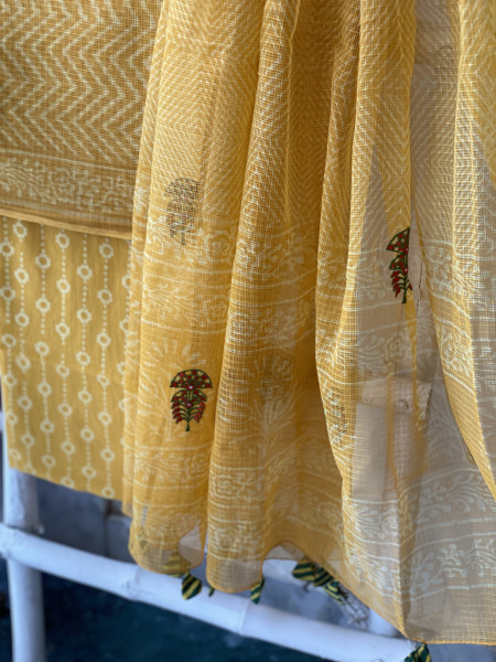 YELLOW HAND BLOCK PRINT KOTA  EMBROIDERED DUPATTA SET