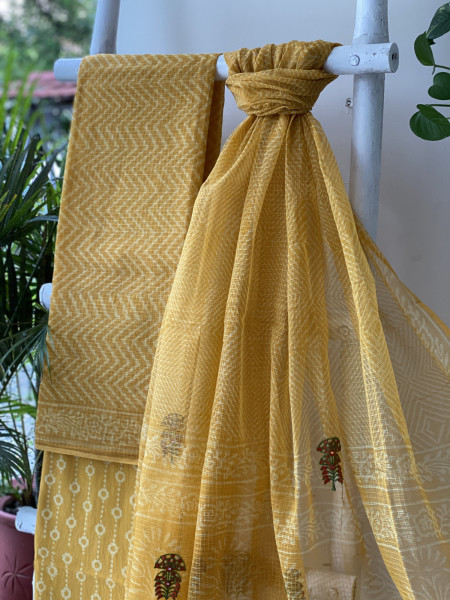YELLOW HAND BLOCK PRINT KOTA  EMBROIDERED DUPATTA SET