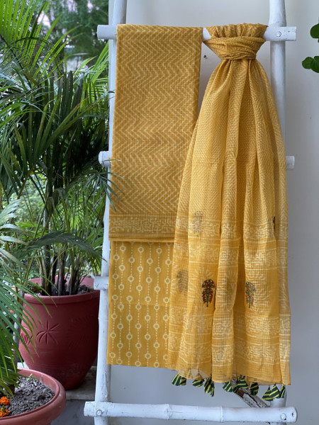 YELLOW HAND BLOCK PRINT KOTA  EMBROIDERED DUPATTA SET