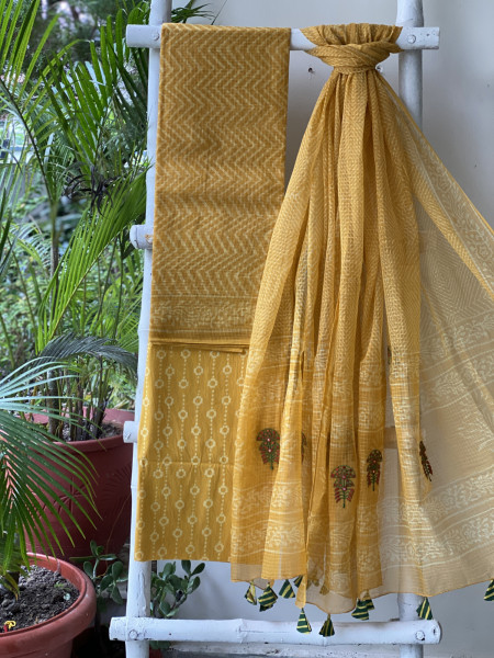 YELLOW HAND BLOCK PRINT KOTA  EMBROIDERED DUPATTA SET