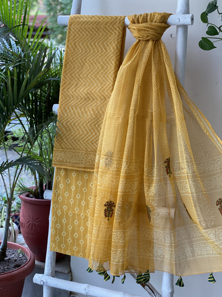 Image of YELLOW HAND BLOCK PRINT KOTA  EMBROIDERED DUPATTA SET