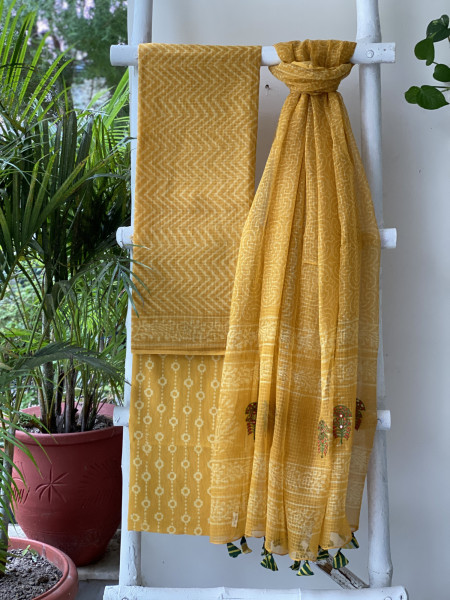 YELLOW HAND BLOCK PRINT KOTA  EMBROIDERED DUPATTA SET