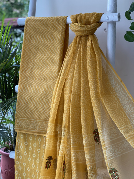 YELLOW HAND BLOCK PRINT KOTA  EMBROIDERED DUPATTA SET