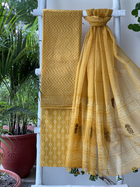 YELLOW HAND BLOCK PRINT KOTA  EMBROIDERED DUPATTA SET