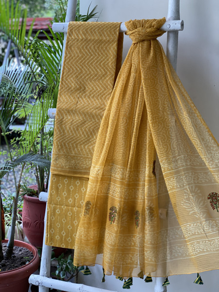 YELLOW HAND BLOCK PRINT KOTA  EMBROIDERED DUPATTA SET