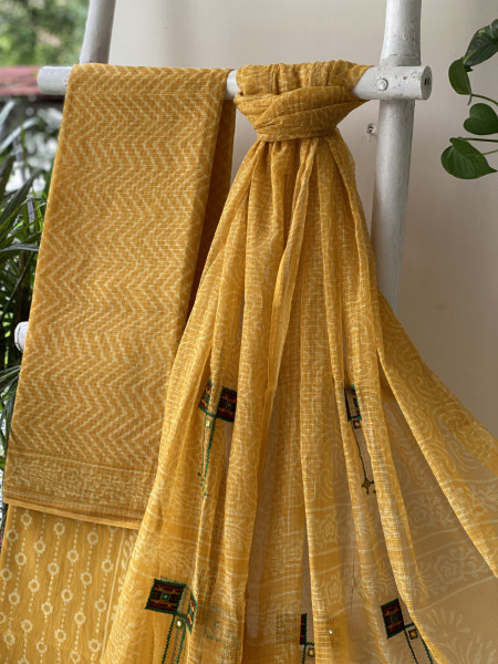 YELLOW HAND BLOCK PRINT KOTA  EMBROIDERED DUPATTA SET