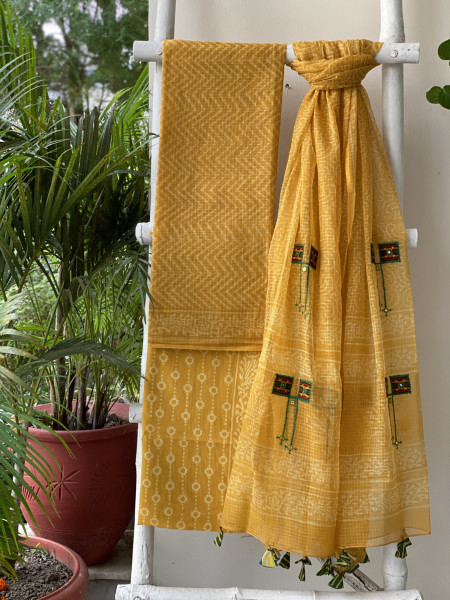 YELLOW HAND BLOCK PRINT KOTA  EMBROIDERED DUPATTA SET