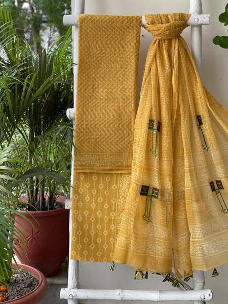YELLOW HAND BLOCK PRINT KOTA  EMBROIDERED DUPATTA SET