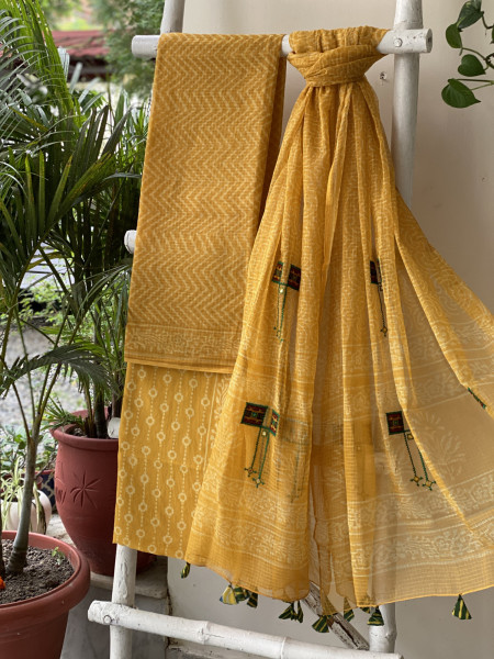 YELLOW HAND BLOCK PRINT KOTA  EMBROIDERED DUPATTA SET