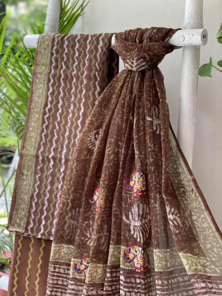 BROWN HAND BLOCK PRINT KOTA  EMBROIDERED DUPATTA SET