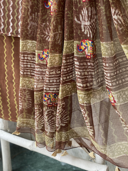 BROWN HAND BLOCK PRINT KOTA  EMBROIDERED DUPATTA SET