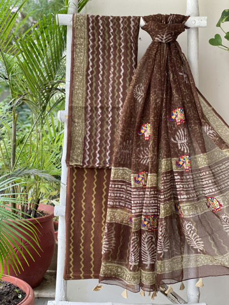 BROWN HAND BLOCK PRINT KOTA  EMBROIDERED DUPATTA SET