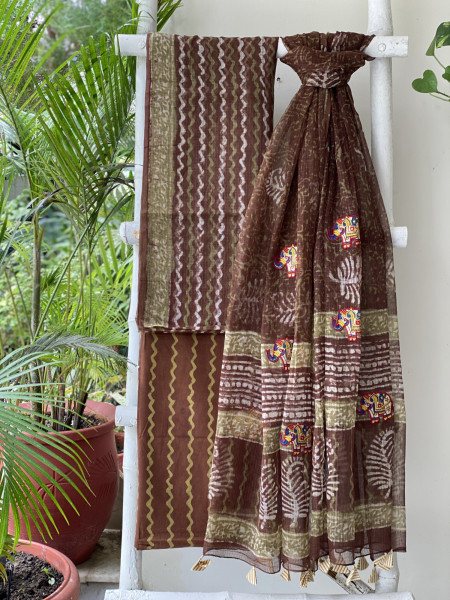 BROWN HAND BLOCK PRINT KOTA  EMBROIDERED DUPATTA SET
