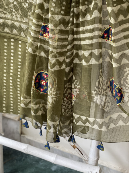 MEHNDI GREEN HAND BLOCK PRINT KOTA  EMBROIDERED DUPATTA SET