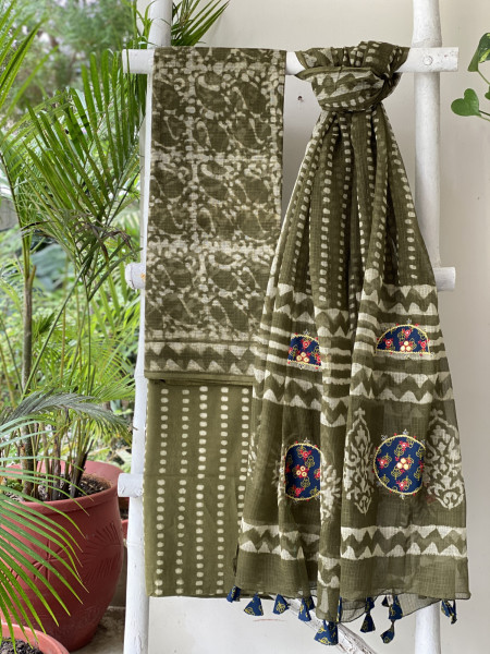 MEHNDI GREEN HAND BLOCK PRINT KOTA  EMBROIDERED DUPATTA SET