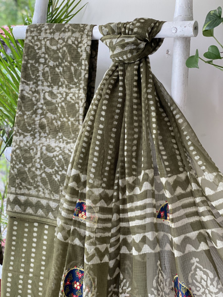 MEHNDI GREEN HAND BLOCK PRINT KOTA  EMBROIDERED DUPATTA SET