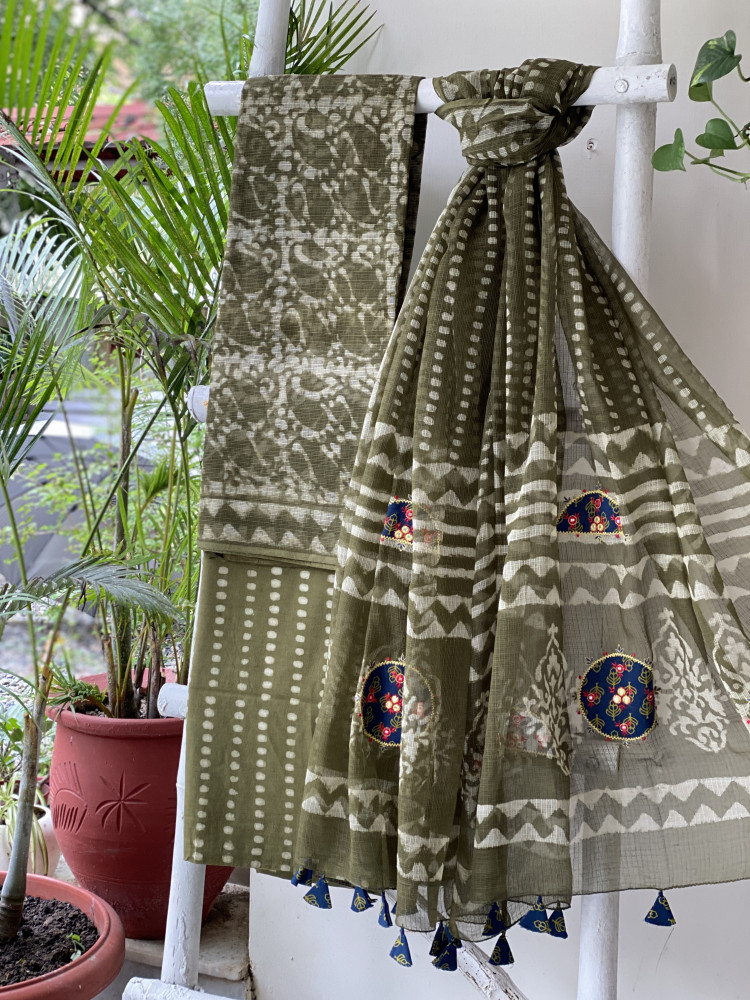 Image of MEHNDI GREEN HAND BLOCK PRINT KOTA  EMBROIDERED DUPATTA SET