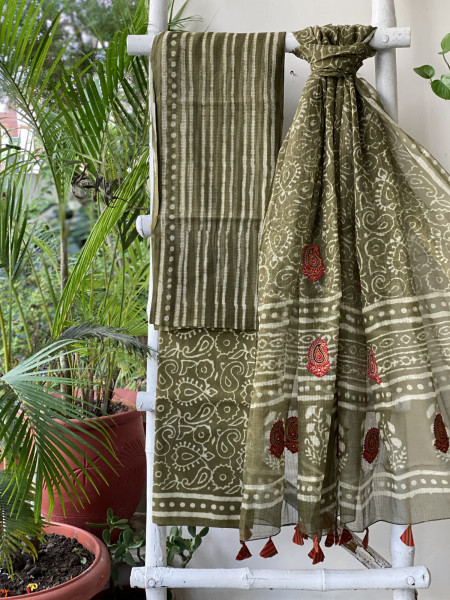MEHNDI GREEN HAND BLOCK PRINT KOTA  EMBROIDERED DUPATTA SET