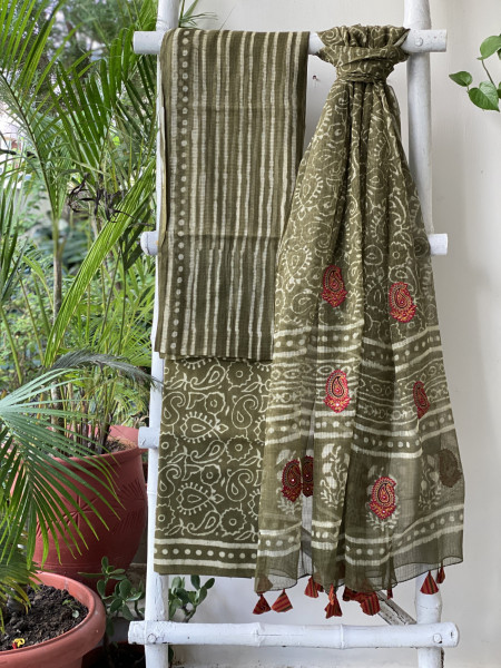 MEHNDI GREEN HAND BLOCK PRINT KOTA  EMBROIDERED DUPATTA SET