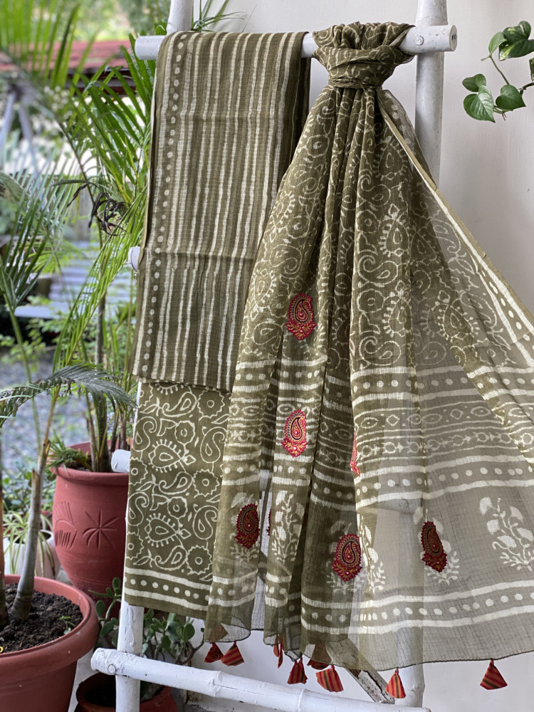 Image of MEHNDI GREEN HAND BLOCK PRINT KOTA  EMBROIDERED DUPATTA SET