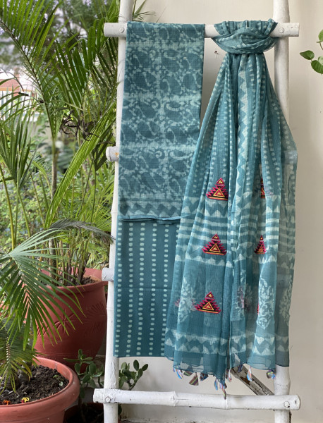 AQUA HAND BLOCK PRINT KOTA  EMBROIDERED DUPATTA SET