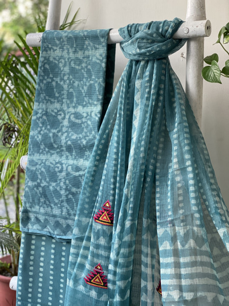 AQUA HAND BLOCK PRINT KOTA  EMBROIDERED DUPATTA SET