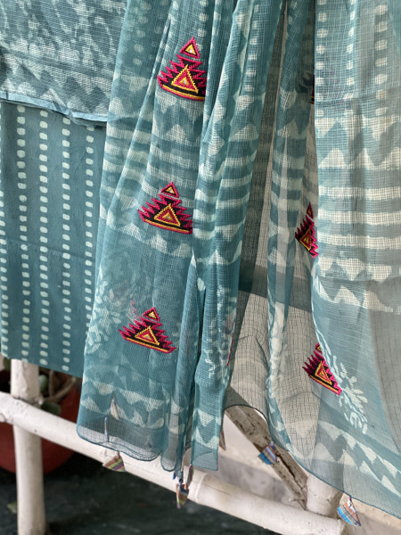 AQUA HAND BLOCK PRINT KOTA  EMBROIDERED DUPATTA SET