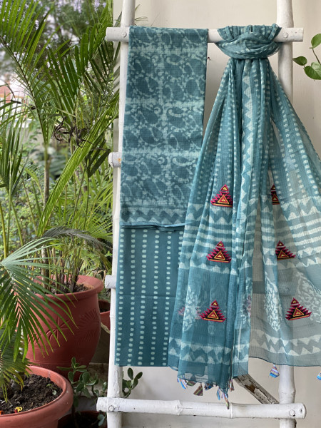 AQUA HAND BLOCK PRINT KOTA  EMBROIDERED DUPATTA SET