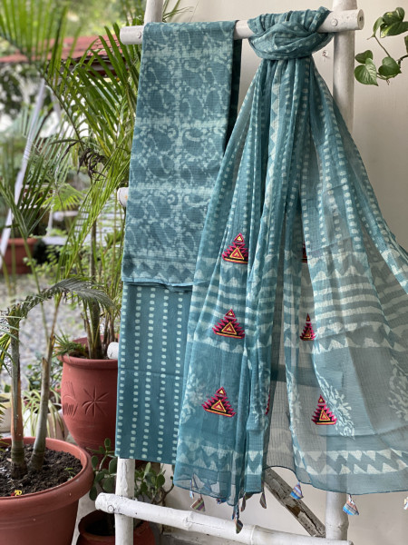 AQUA HAND BLOCK PRINT KOTA  EMBROIDERED DUPATTA SET