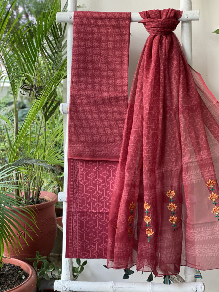 MAROON HAND BLOCK PRINT KOTA  EMBROIDERED DUPATTA SET