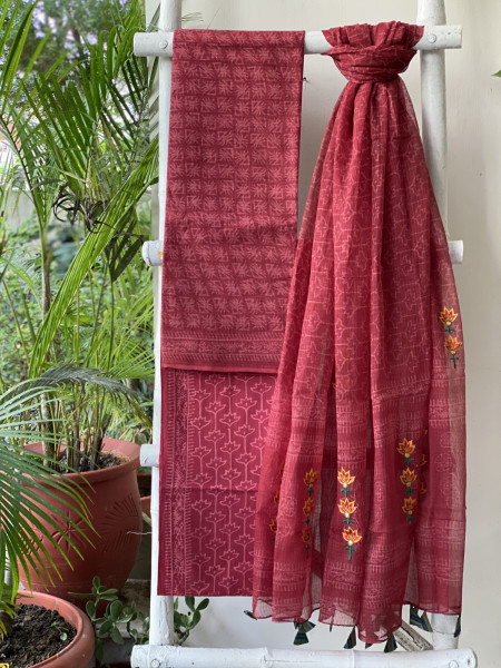 MAROON HAND BLOCK PRINT KOTA  EMBROIDERED DUPATTA SET