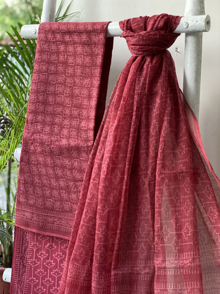 MAROON HAND BLOCK PRINT KOTA  EMBROIDERED DUPATTA SET