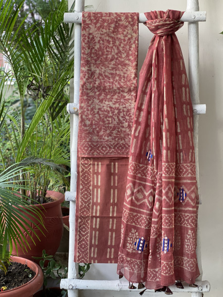 RUST HAND BLOCK PRINT KOTA  EMBROIDERED DUPATTA SET