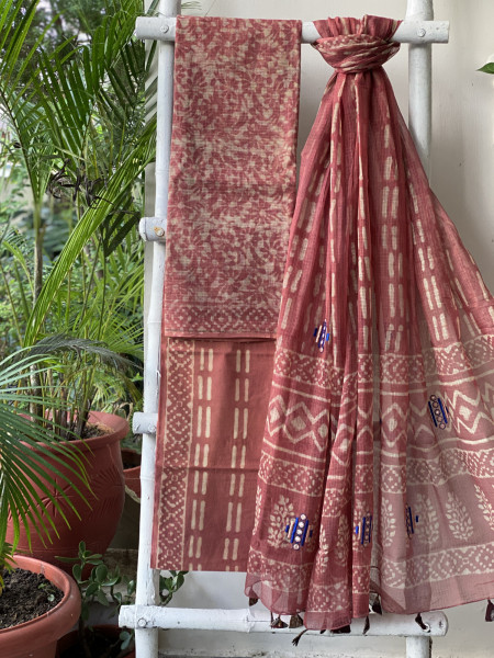 RUST HAND BLOCK PRINT KOTA  EMBROIDERED DUPATTA SET