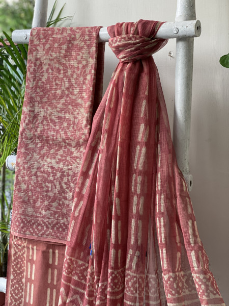 RUST HAND BLOCK PRINT KOTA  EMBROIDERED DUPATTA SET