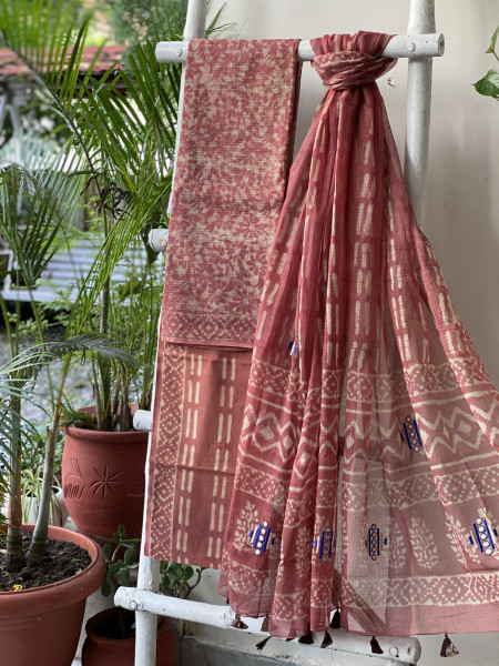 RUST HAND BLOCK PRINT KOTA  EMBROIDERED DUPATTA SET