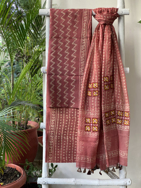RUST HAND BLOCK PRINT KOTA  EMBROIDERED DUPATTA SET