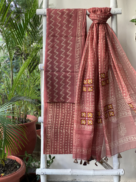 RUST HAND BLOCK PRINT KOTA  EMBROIDERED DUPATTA SET
