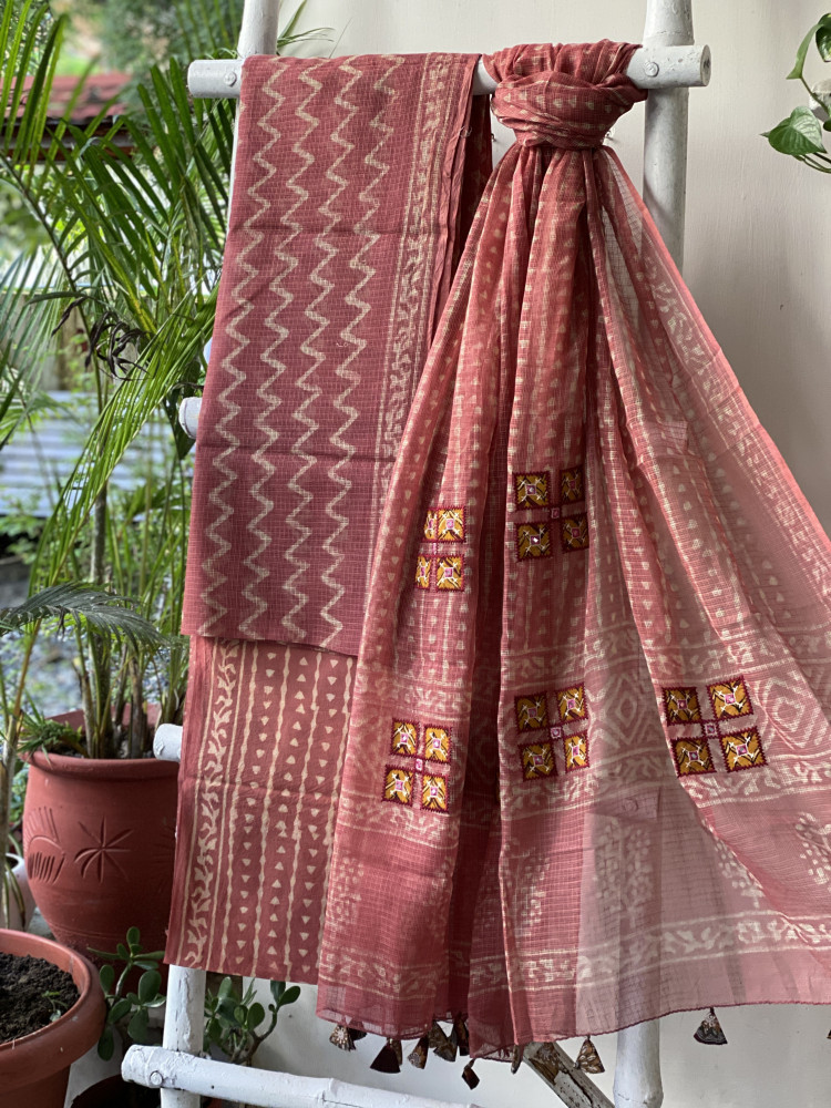 Image of RUST HAND BLOCK PRINT KOTA  EMBROIDERED DUPATTA SET