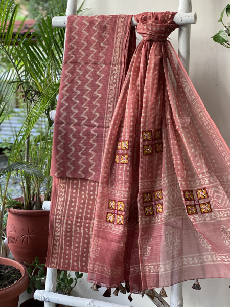 RUST HAND BLOCK PRINT KOTA  EMBROIDERED DUPATTA SET