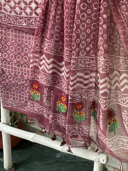 RUBY HAND BLOCK PRINT KOTA  EMBROIDERED DUPATTA SET